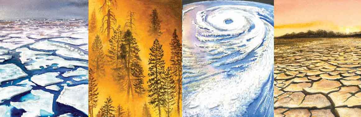 Four panels representing different environmental aspects: ice, forest, wind, dessert